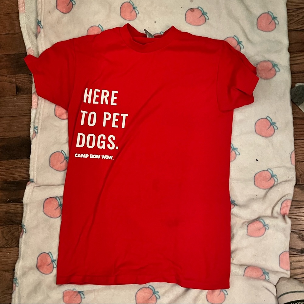 Small “here to pet dogs” t-shirt